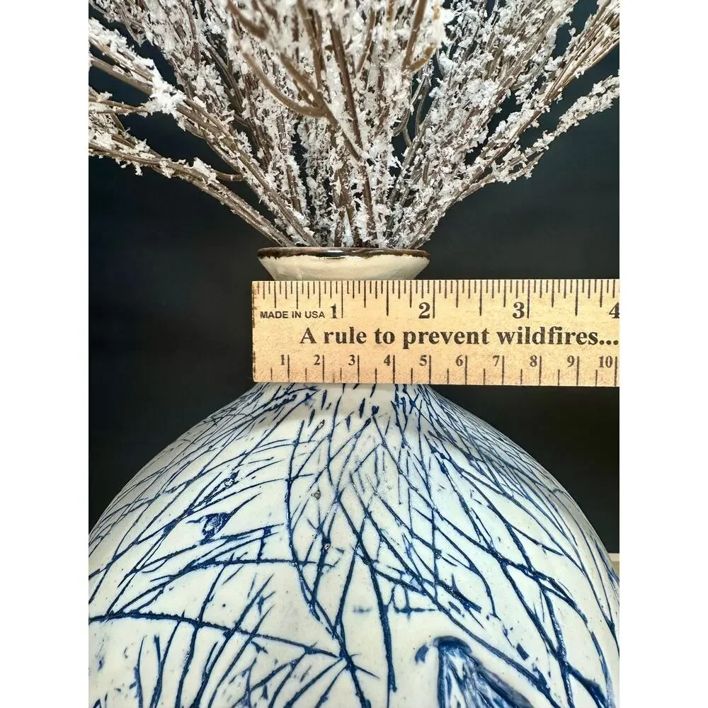 Large Studio Pottery Vase Blue White Textured Forest Trees Cottagecore Décor 11”